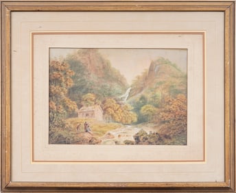 Antique European Waterfall Landscape Framed Original Painting