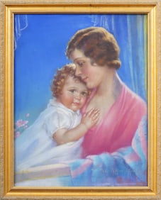 Mabel Rollins Harris Antique American Realist Family Portrait Framed Pastel Illustration Painting