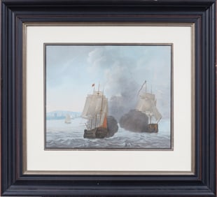 Antique European Naval Battle Seascape Original Framed Gouache Painting