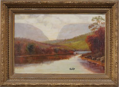 Antique American Hudson River School Fall Landscape Framed Original Oil Painting