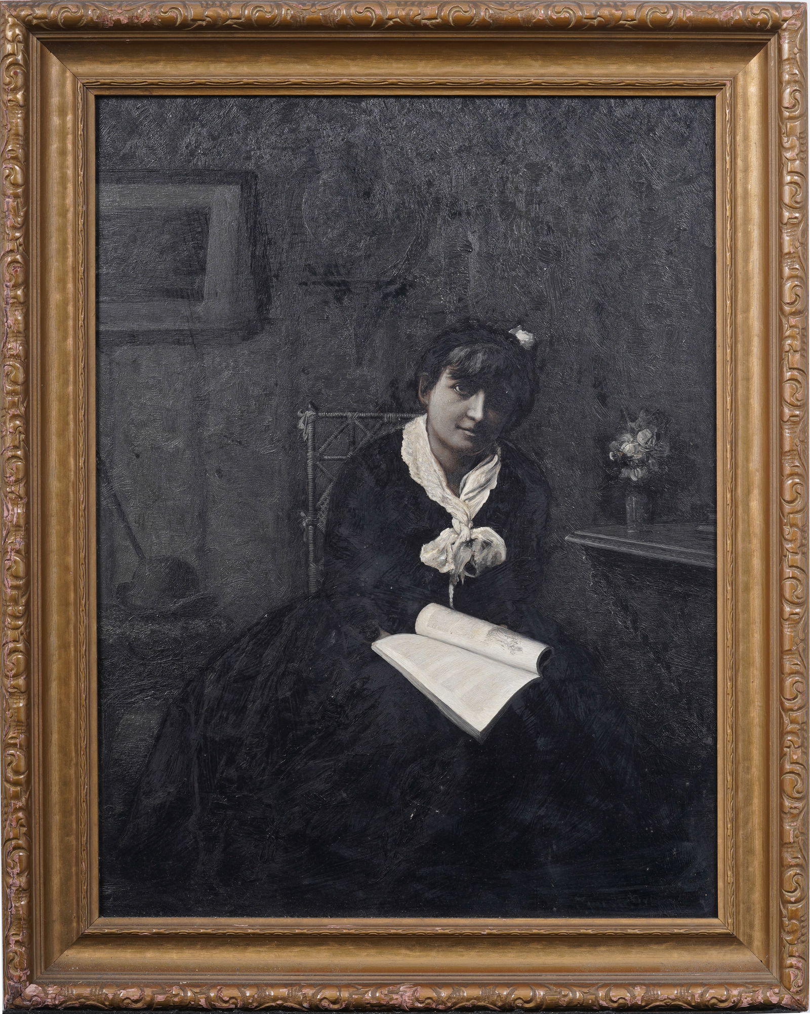 James Gale Tyler (1855 - 1931) Early Rare Antique American Interior Scene Boston Portrait Paintng: Antique American portrait oil painting. Oil on board. Signed. Framed. Measuring: 22 by 18 inches overall, and 18.5 by 14 painting alone. Please see all images for condition. Size is measured and writt