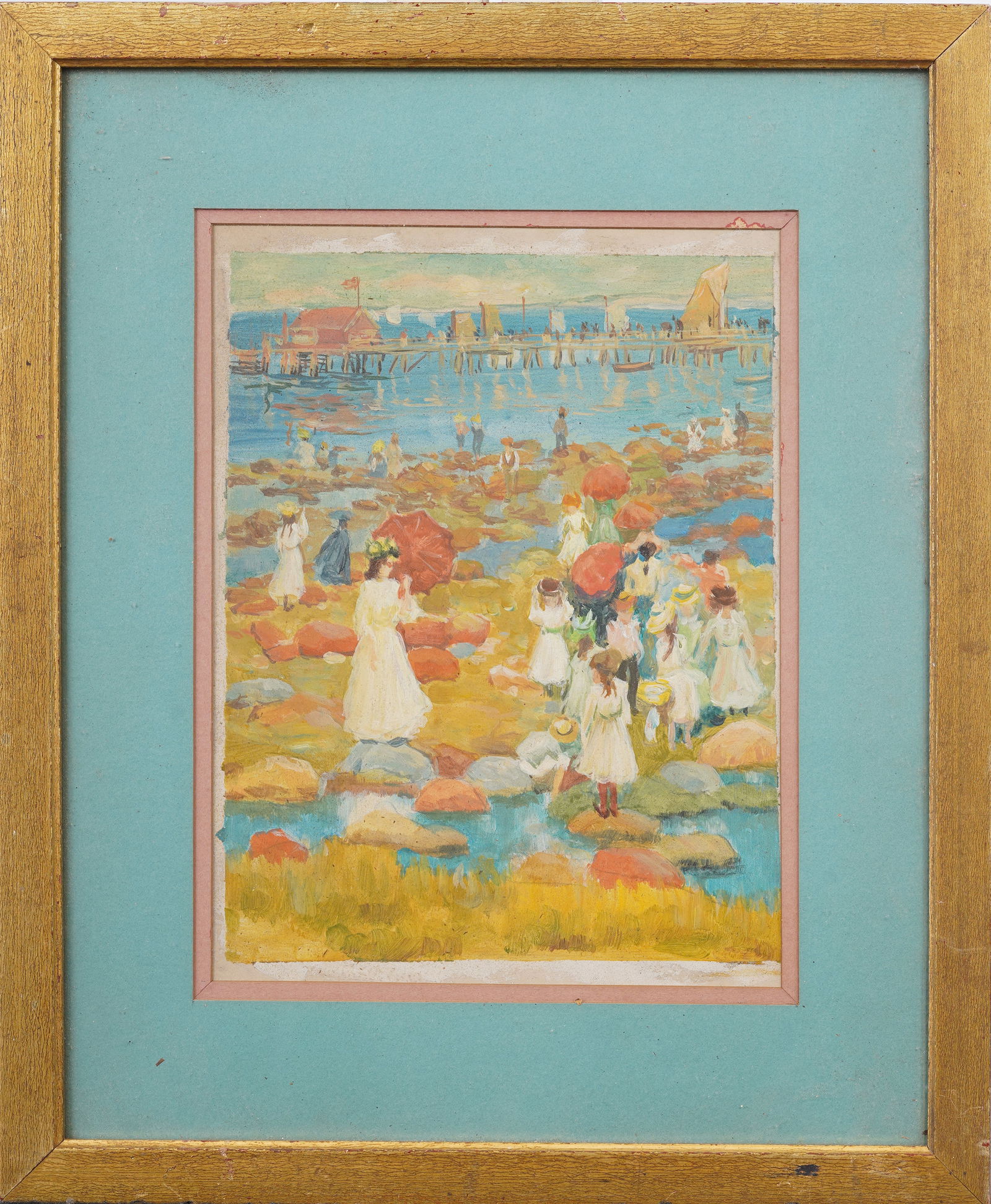 Antique American Impressionist Detailed Beach Scene Framed Early New England Coastal Oil Painting (1 of 6)