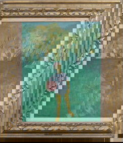 August Mosca (1907 - 2003)  Vintage American Modernist Park Scene Portrait Framed Oil Painting