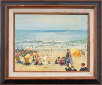 Antique American Impressionist Bustling Summer Beach Scene Framed  Original Oil Painting