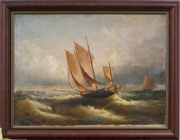 Antique American or European Rough Seas Nautical Coastal Seascape Framed Original Oil Painting