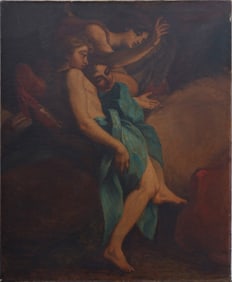 Antique Old Master Style Angels on Horseback Portrait Large Original Oil Painting