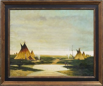 Large Antique American Native Indian TeePee Camp Panoramic Early Landscape Original Oil Painting