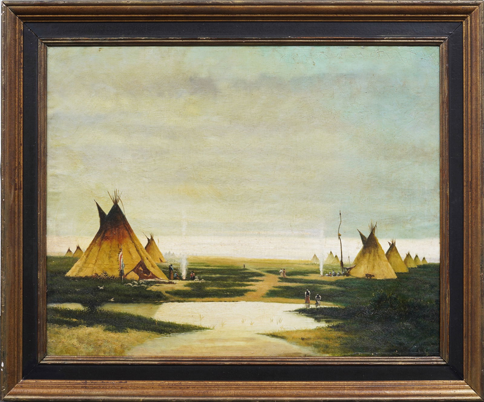 Large Antique American Native Indian TeePee Camp Panoramic Early Landscape Original Oil Painting (1 of 7)
