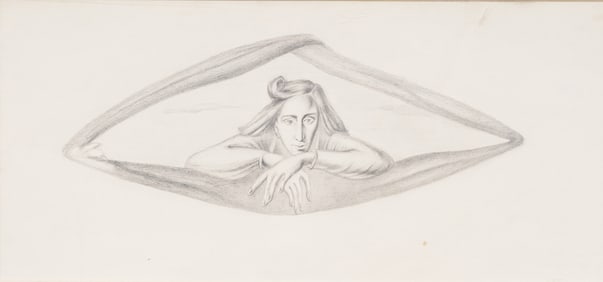 Vintage American Surreal Drawing Original Woman Portrait Yoga Pose