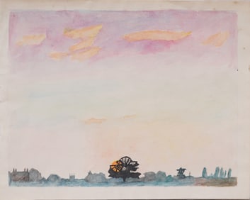 Antique American Modernist Sunset Landscape Original Watercolor Painting