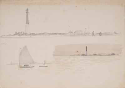 Antique American Coastal Seascape Study  Original Drawing