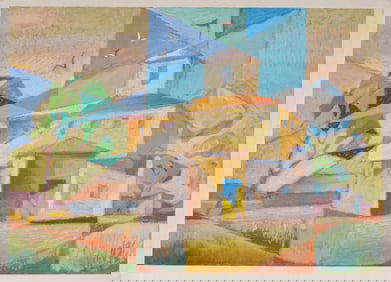 Vintage American Modernist Cubist Abstract Landscape Oil Painting