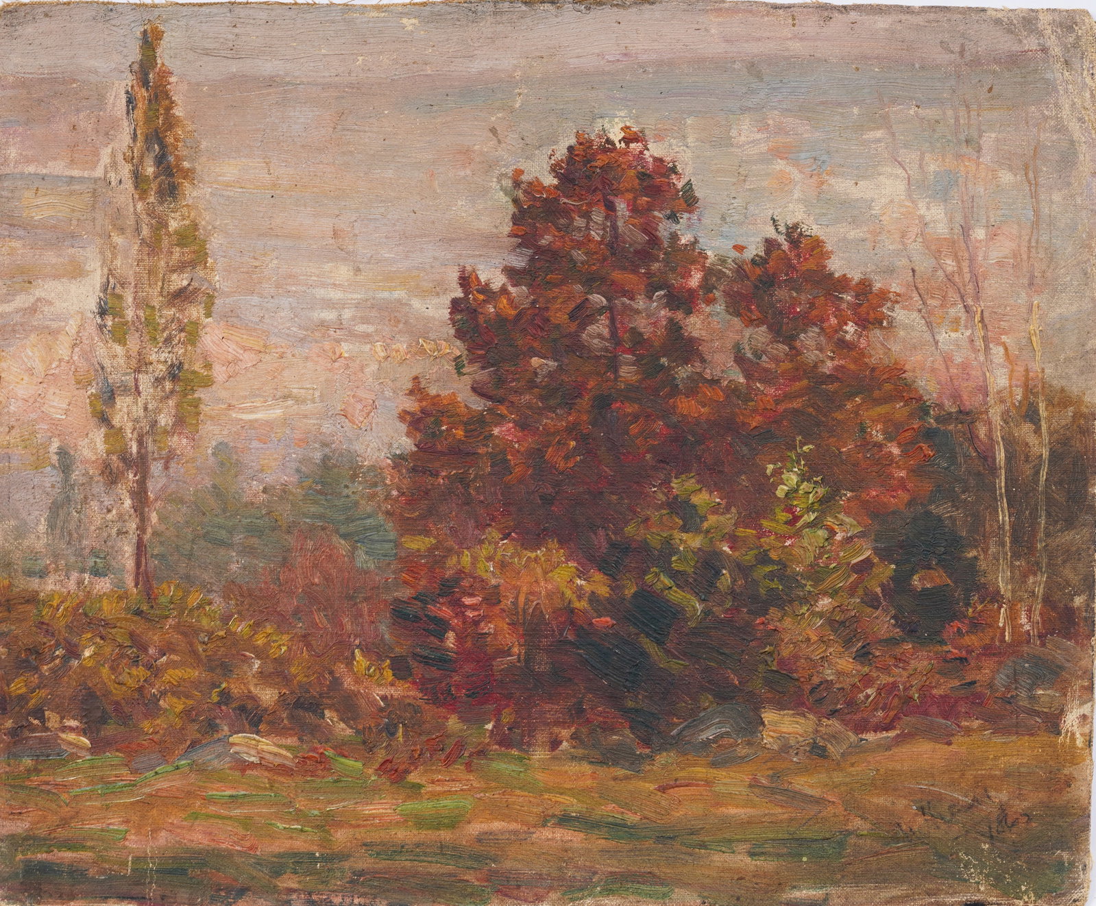 Signed American American Tonalist Fall Landscape Original Oil Painting: Antique American landscape oil painting. Oil on canvas, lain to board. Signed. Measuring: 10.75 by 13 inches overall. Please see all images for condition. Size is measured and written on the back of t