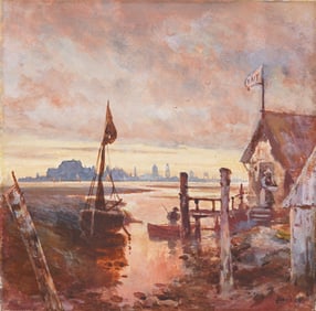 Antique American Sunset Coney Island Bait Shop Signed New York Harbor Original Painting