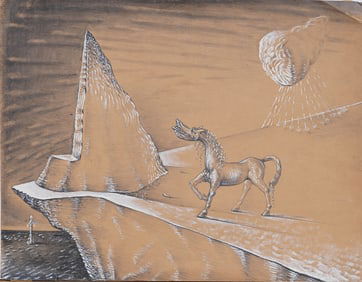 Antique Early American or European Surrealist Horse Landscape Original Rare Painting