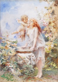 Konstantin Yegorovich Makovsky (1839 - 1915)  Important Antique Russian Nude Woman Cherub Painting