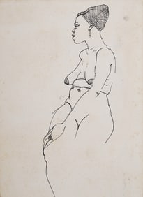 Vintage American School Black Nude Woman Modernist Pen and Ink Original Drawing