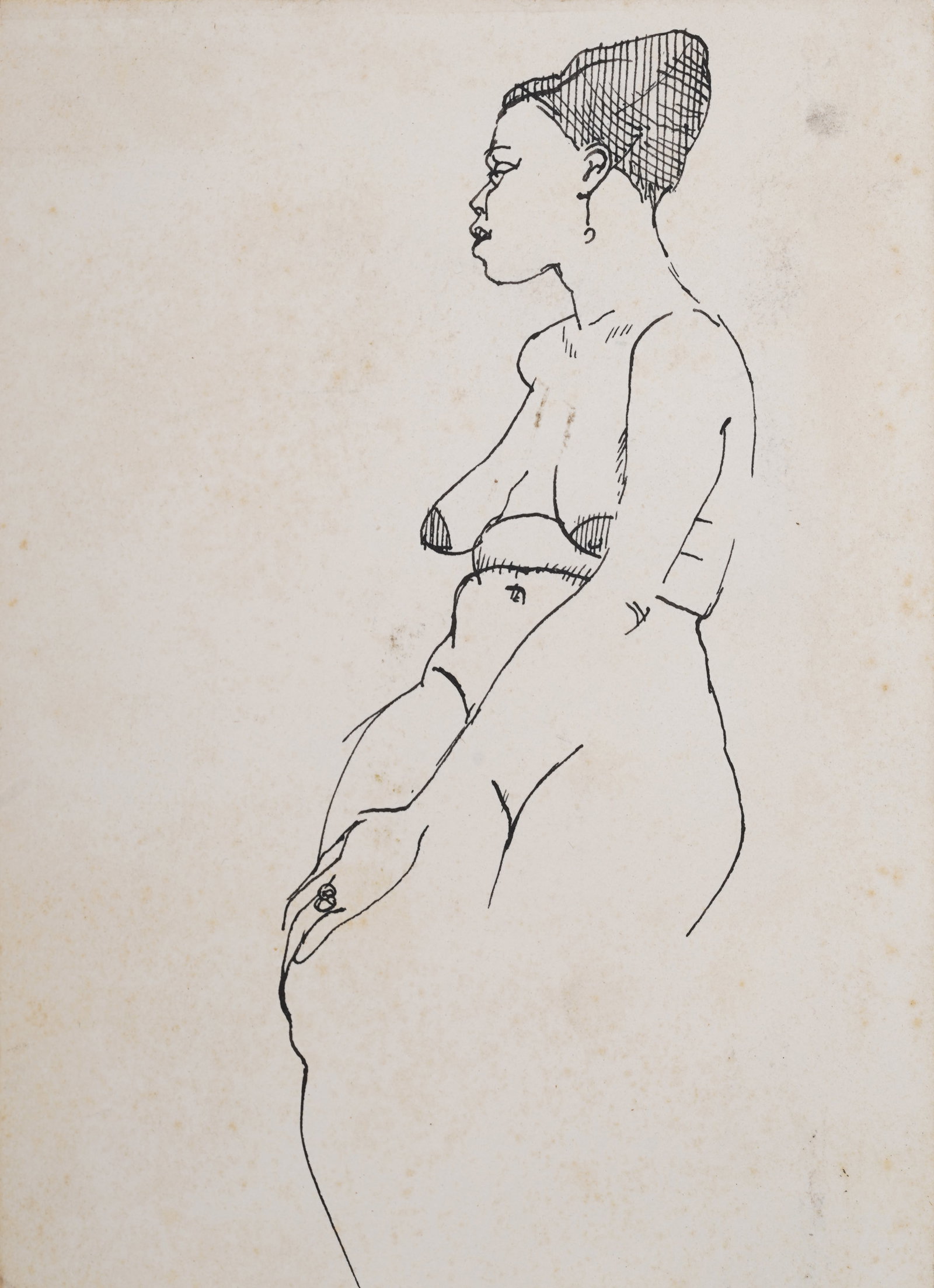 Vintage American School Black Nude Woman Modernist Pen and Ink Original Drawing: Vintage American nude drawing. Measuring: 7 by 5 inches overall. Please see all images for condition. Size is measured and written on the back of the painting. The first size is the overall size, the 