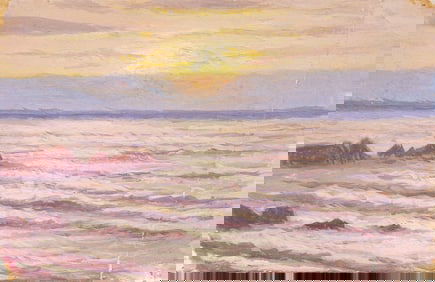 Vintage French Impressionist Sunset Beach Scene Seascape Oil Painting