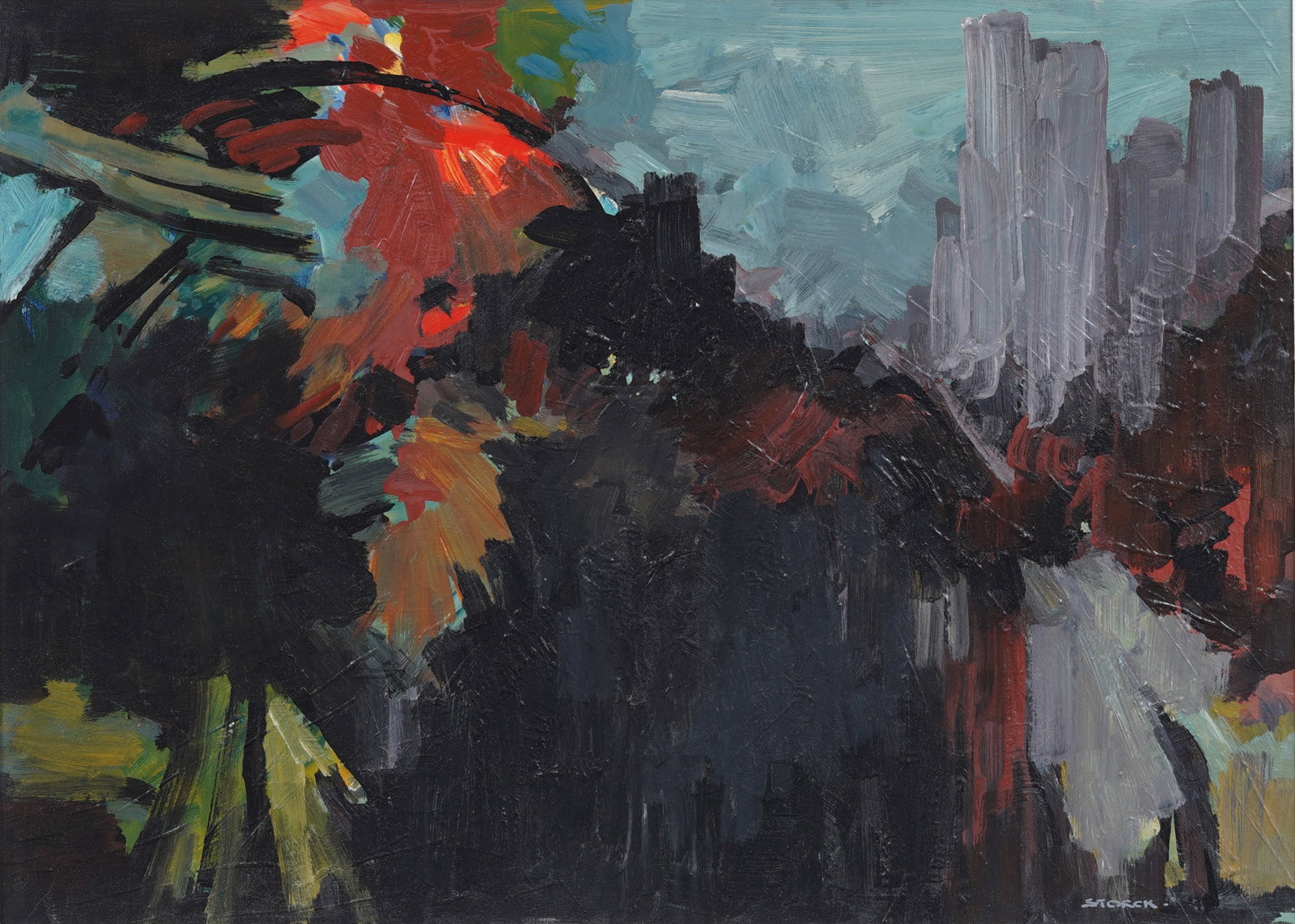 Vintage American School Abstract Expressionist Signed "J. Alvin Storck" Original Oil Painting: Vintage American modernist oil painting. Oil on board. Signed. Measuring: 22 by 28 inches overall, and 15 by 21 painting alone. Please see all images for condition. Size is measured and written on the