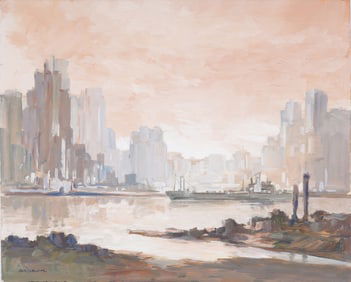 Vintage American School Modernist Sunset Cityscape "J. Alvin Storck" Original Oil Painting