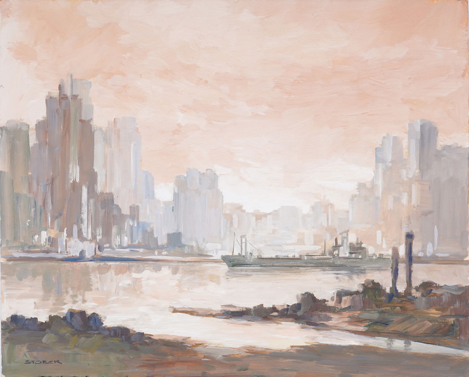 Vintage American School Modernist Sunset Cityscape "J. Alvin Storck" Original Oil Painting (1 of 5)