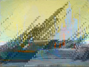 Vintage American School Modernist Street Scene Industrial Signed J Alvin Storck Original Painting