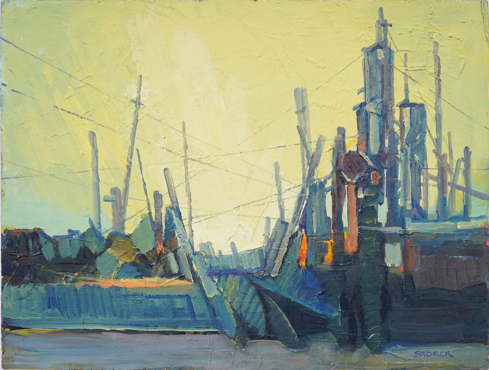 Vintage American School Modernist Street Scene Industrial Signed J Alvin Storck Original Painting (1 of 6)