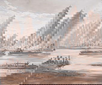 Vintage American School Modernist Sunset Cityscape Signed J. Alvin Storck Original Oil Painting