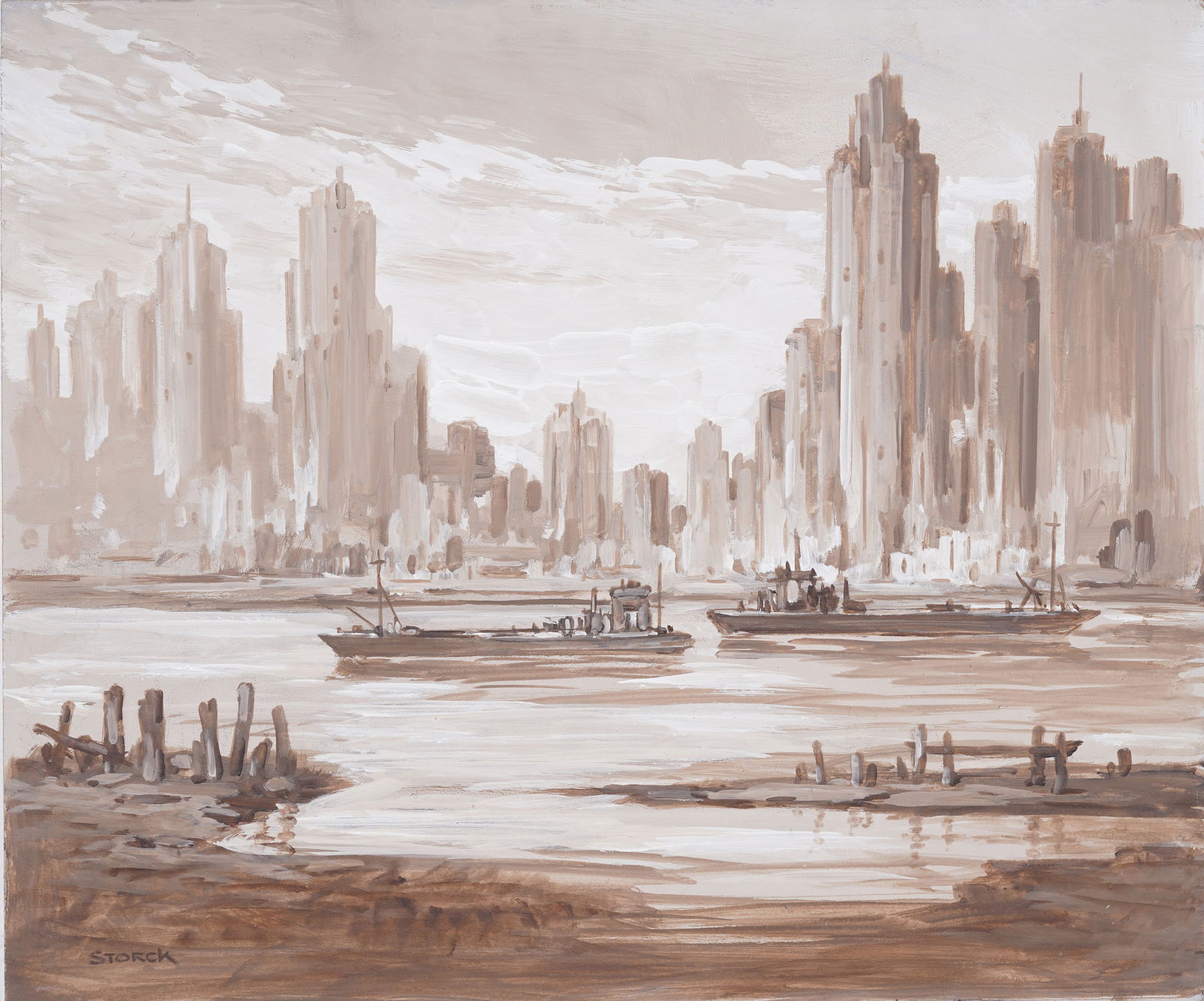 Vintage American School Modernist Sunset Cityscape Signed J. Alvin Storck Original Oil Painting (1 of 6)