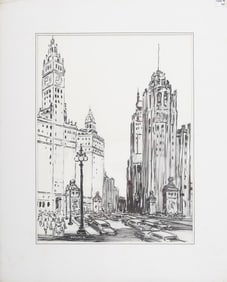 "J. Alvin Storck" Vintage American Modernist Chicago Michigan Avenue Cityscape Original Oil Painting