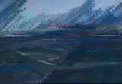 "J. Alvin Storck" Vintage American Modernist Nocturnal Cityscape Original Oil Painting