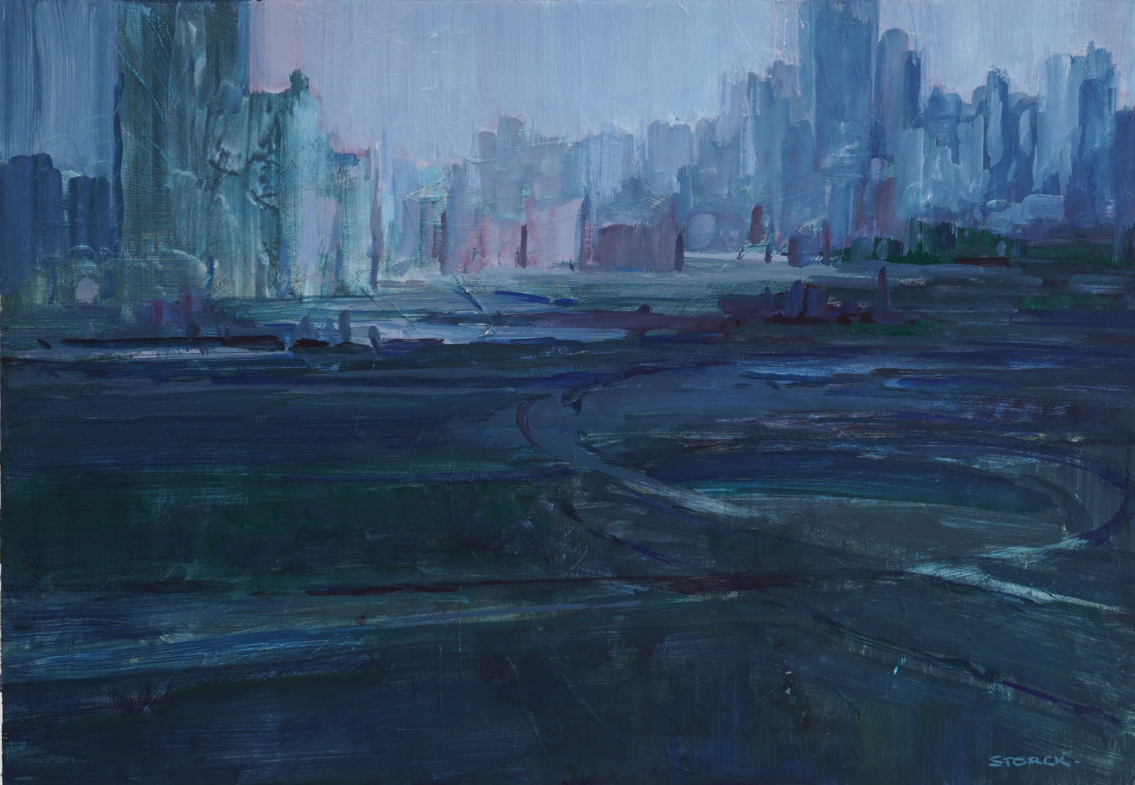 "J. Alvin Storck" Vintage American Modernist Nocturnal Cityscape Original Oil Painting: Vintage American cityscape oil painting. Oil on board. Signed. Measuring: 24 by 19 inches overall, and 16.5 by 12.5 painting alone. Please see all images for condition. Size is measured and written on