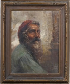 Antique European Realist Male Portrait Framed Signed Street Scene Original Oil Painting