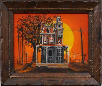 Vintage American Modernist Surreal House Landscape Framed Original Oil Painting