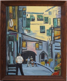 Signed Vintage American or European Modernist Street Scene Signed Framed  Original Oil Painting