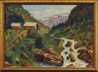 Vintage Signed European Modernist Mountain Landscape Framed Original Oil Painting