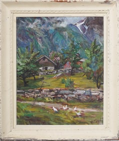 Vintage American Original Pastoral Mountain Valley Homestead Oil Painting
