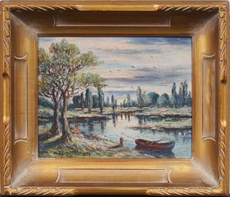 Vintage Mid-Century Lakeside Rowboat Scene American Original Oil Painting