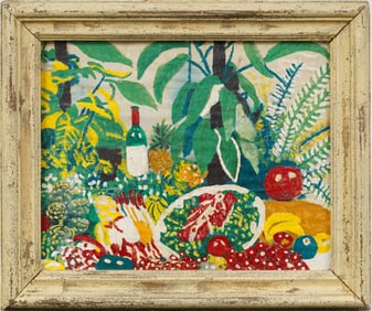 Vintage American Vivid Fruit and Wine Tropical Feast Still Life Original Oil Painting