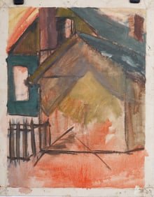 Vintage American Modernist Abstract Architectural Original Oil Painting