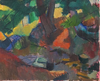 Vintage American Modernist Abstract Forest Interior Landscape Oil Painting