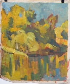Vintage American Fall Abstract Expressionist Landscape Modern Original Oil Painting