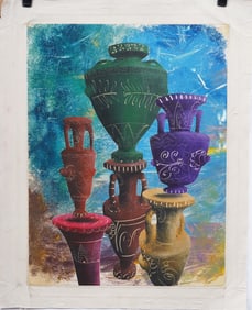 Vintage American Modernist Abstract Still Life Classical Greek Jar Still Life Oil Painting