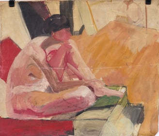 Vintage American Modernist Nude Woman Interior Scene Artist Studio Original Oil Painting