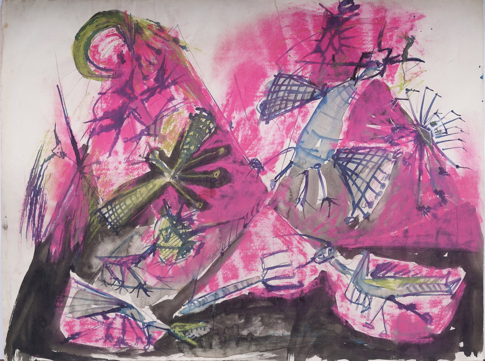 Vintage American Mixed Media Modernist Abstract Painting: Vintage American abstract painting. Measuring: 19 by 25 inches overall. Please see all images for condition. Size is measured and written on the back of the painting. The first size is the overall siz