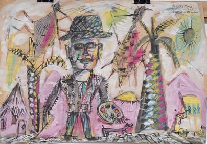 Vintage American Mixed Media Modernist Abstract Artist in Mexico Signed Painting