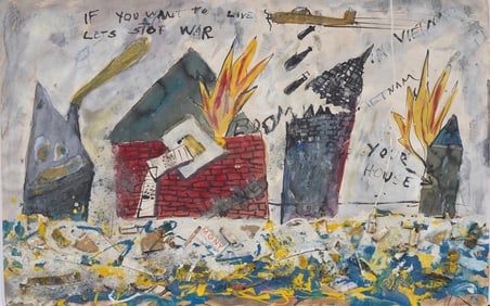 Vintage American Outsider Modernist Vietnam War Protest Art Original Mixed Media Painting