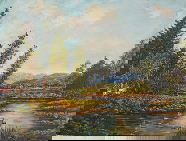 Large Vintage American Impressionist Folk Art Landscape Duck Pond Original Oil Painting