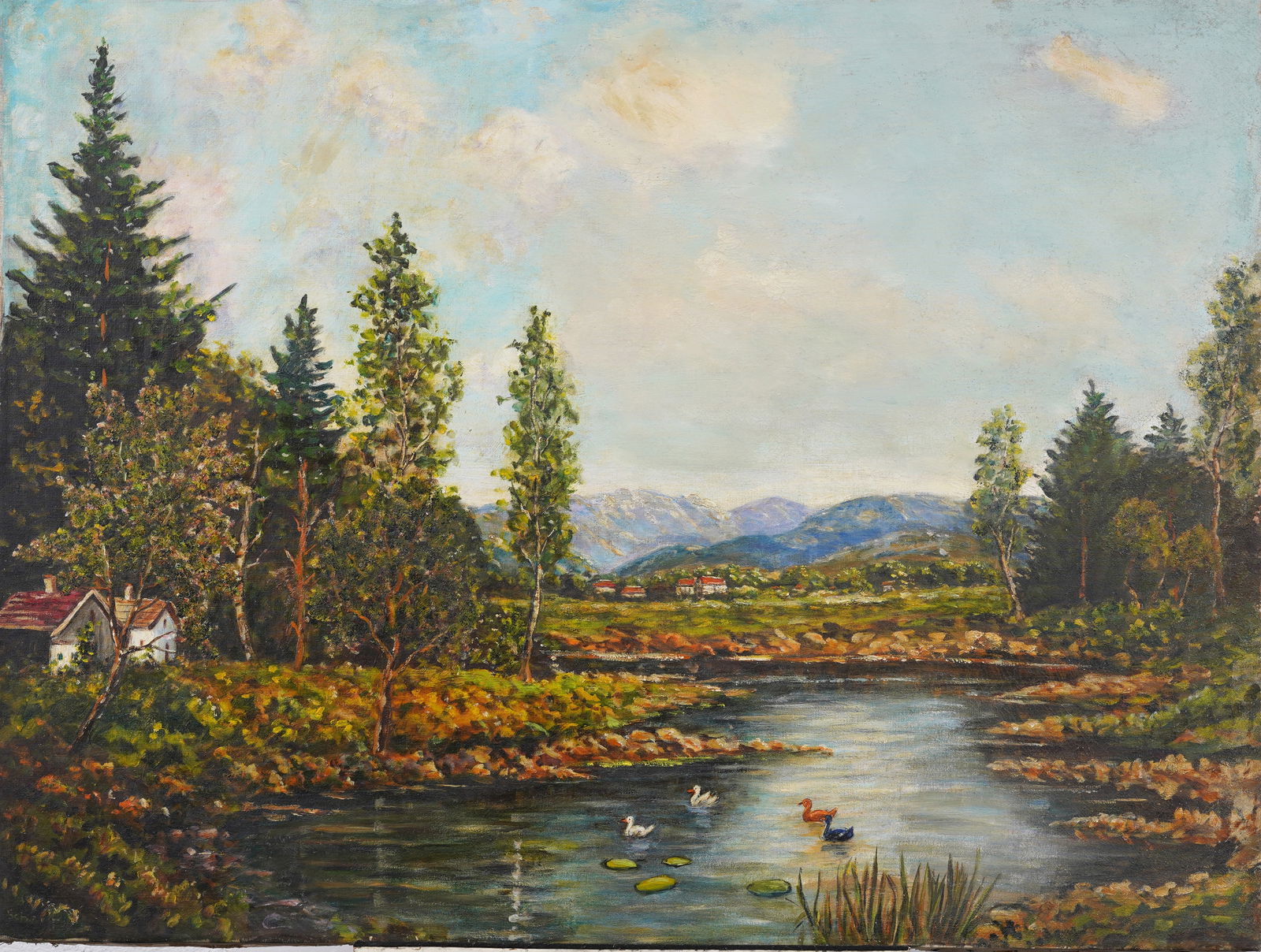 Large Vintage American Impressionist Folk Art Landscape Duck Pond Original Oil Painting (1 of 6)